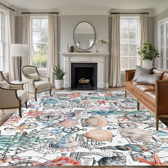 Shell Starfish Coastal Area Rugs 5'x8', Washable Small Throw Rugs for Classroom Bedroom, Nautical Ocean Summer Beach Indoor Outdoor Rug Non-Slip Low Pile Carpet Runner Reversible Floor Mats