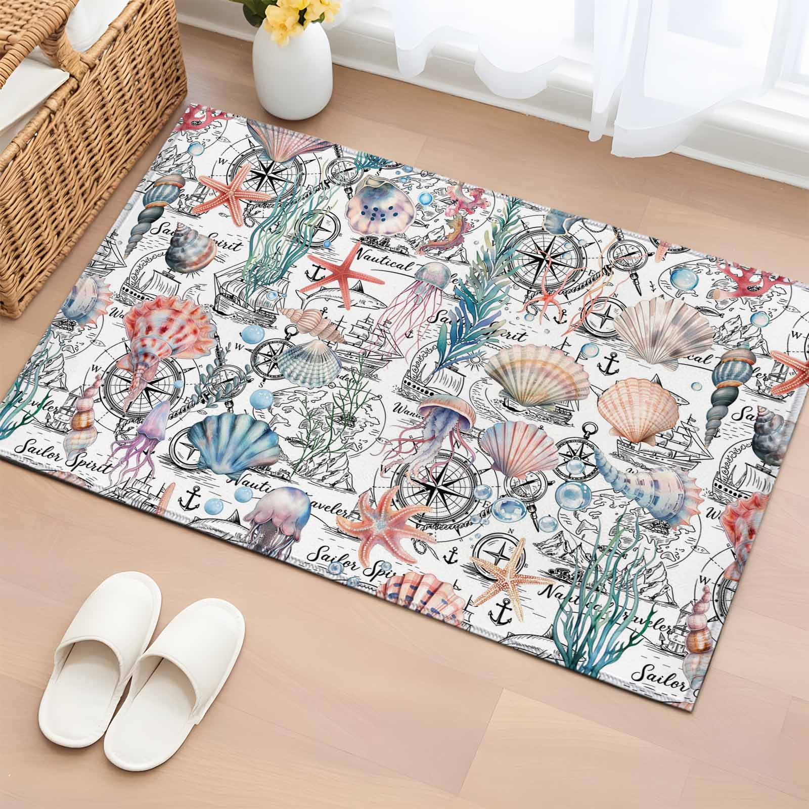 Shell Starfish Coastal Entryway Rug 2'x3'&nbsp; Non Slip Front Door Mats, Nautical Ocean Summer Beach Entrance Rugs Indoor Outdoor Carpet, Washable Floor Mats Small Area Rug for Bedroom Kitchen