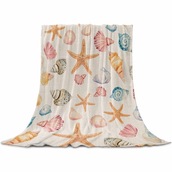 Shell Starfish Coastal Flannel Blanket for Bed, Summer Beach Ocean Burlap Soft Cozy Warm Couch Throw Blanket, Lightweight Fluffy Plush Bedding Blankets for Sofa Decor All Season 30"x40"