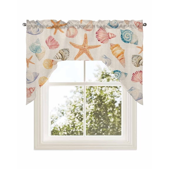 Shell Starfish Coastal Kitchen Curtains Swag Valance for Windows/Bathroom/Cafe, Summer Beach Ocean Burlap Rod Pocket Drape Panel Swag Curtains Valance for Bedroom/Living Room 56"x36"