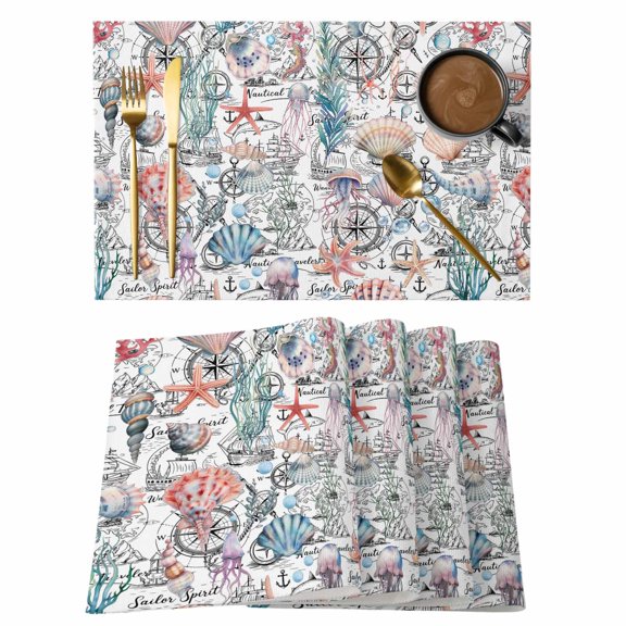 Shell Starfish Coastal Placemats Set of 4, Nautical Ocean Summer Beach Placemats for Dining Table, Place Mats for Kitchen Tabletop, Waterproof Wipeable Dining Table Mats Set