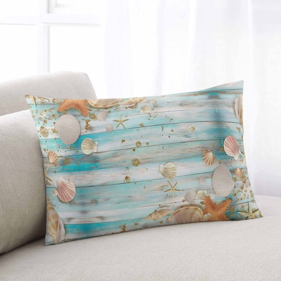 Shell Starfish Coastal Throw Pillow Cover,Rustic Aqua Summer Wooden Boards Rectangle Decorative Pillow Case Protector Soft Cushion Cover Lumbar Pillowcase for Couch Sofa Bedroom Car Decor 12x20 Inch