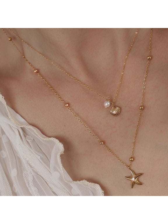 Shell Starfish Conch Necklace for Women, Gold Tone Pearl Pendant Charm, Non Tarnish Adjustable Zinc Alloy Chain, Summer Beach Vacation Stackable Jewelry