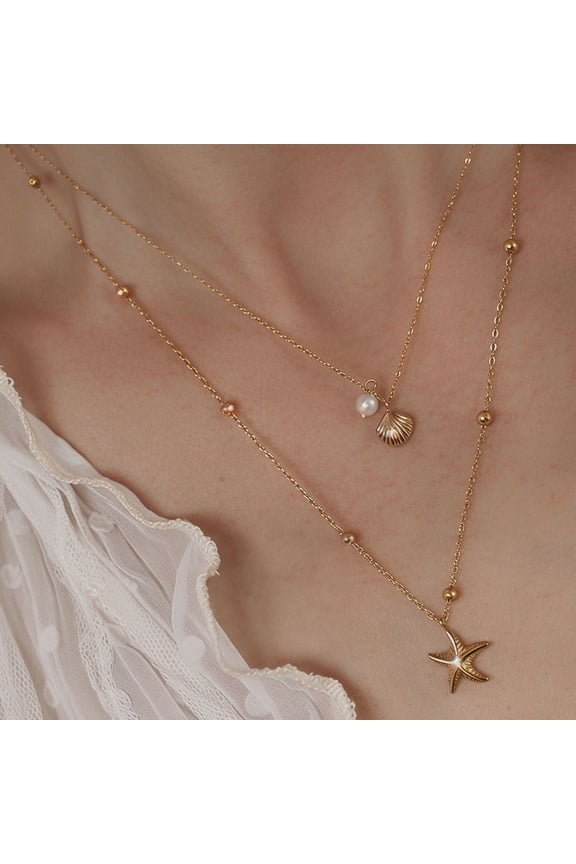 Shell Starfish Conch Necklace for Women, Gold Tone Pearl Pendant Charm, Non Tarnish Adjustable Zinc Alloy Chain, Summer Beach Vacation Stackable Jewelry