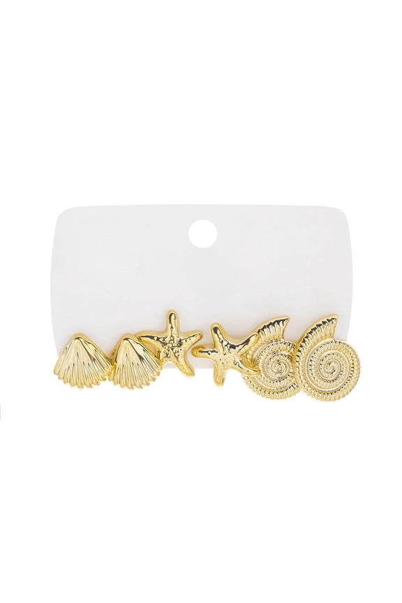 Shell Starfish Conch Stud Earrings Set for Women Gold Silver Plated Ocean Theme Boho Seashell Stars Lightweight Small Earrings for Summer Beachy Party Vacation Jewelry Accessories
