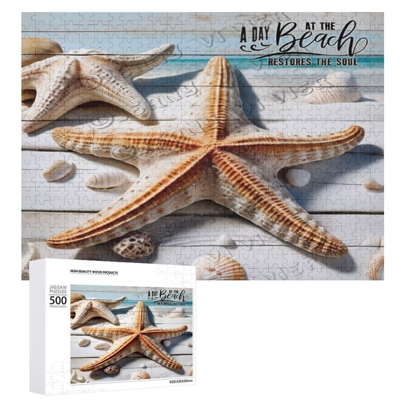 Shell Starfish Decor Beach Wooden Sign For Home Office Bedroom Kitchen Bathroom Wall Decor 500 PCS Funny Wood Puzzles Wooden Wall Art Decorative Sign 15"x20.5"