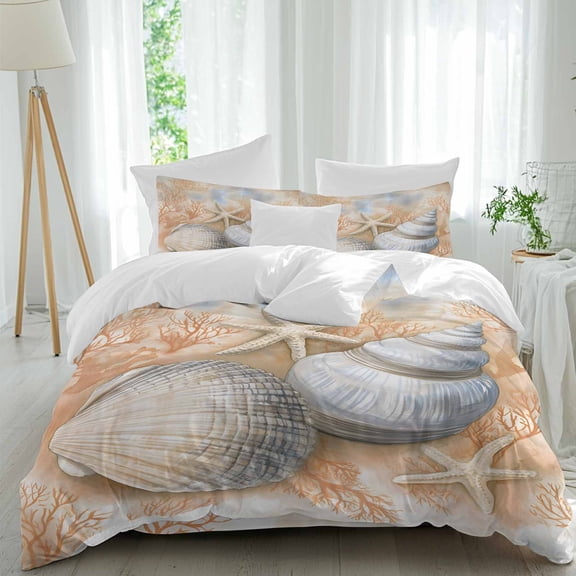 Shell Starfish Duvet Cover Set King Size, Coastal Coral 4 Piece Soft Microfiber Bedding Set with 1 Duvet Cover, 1 Flat Sheet, 2 Pillowcases