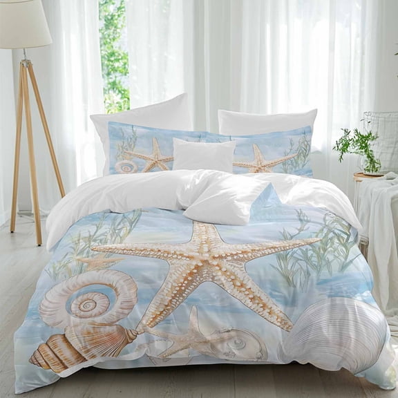 Shell Starfish Full Size Comforter Set, Seaweed Nautical Bedding for All Seasons, 4 Pcs Bed Set, 1Quiltcover (86"x86") ,1Sheet(80"x116"), 2Pillowcases (30"x20")
