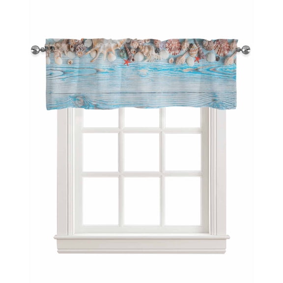 Shell Starfish Linen Curtain Valance for Bedroom/Bathroom/Kitchen/Office/Living/Dining Room Window,Summer Coastal Ocean Blue Wooden Boards Rod Pocket Topper Decorative Cafe Drapes Panel 54"x18"