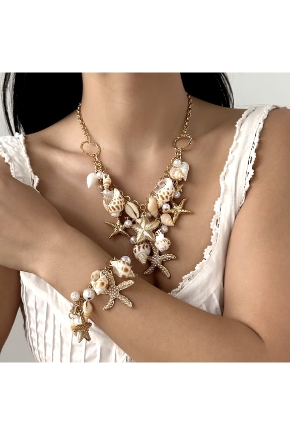 Shell Starfish Necklace Bracelet Conch Statement Chunky Necklace Mermaid Costume Jewelry Beach Jewelry for Women