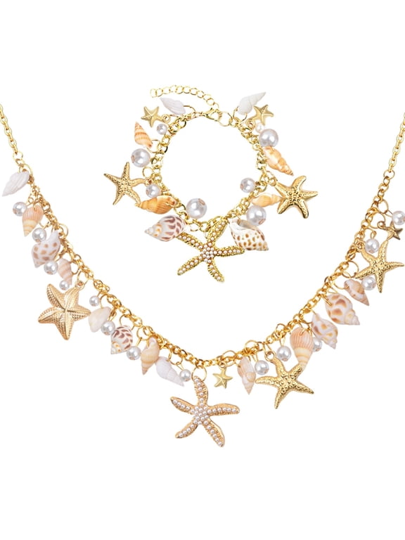 Shell Starfish Necklace Bracelet for Women Jewelry Set, Faux Pearl Conch Chunky Adjustable Chain Necklace Bracelet Mermaid Costume Accessories for Beach Party Vacation Cosplay