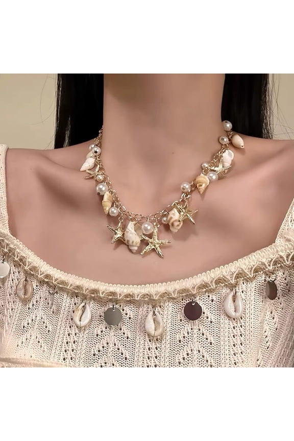 Shell Starfish Pearl Conch Tassel Necklace Waist Chain Womens Beach Vacation Outfit Accessory