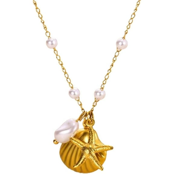 Shell Starfish Pearl Necklace Imitation Pearl Chain Necklace Gold Sea Shell Star Necklace Pendant for Women Dainty Summer Holiday Beach Surfer Jewelry Gift