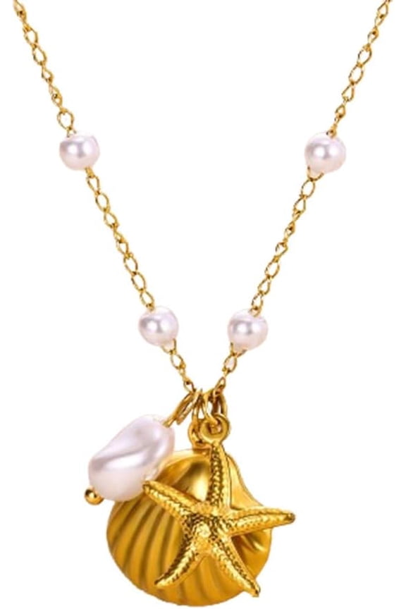 Shell Starfish Pearl Necklace Imitation Pearl Chain Necklace Gold Sea Shell Star Necklace Pendant for Women Dainty Summer Holiday Beach Surfer Jewelry Gift