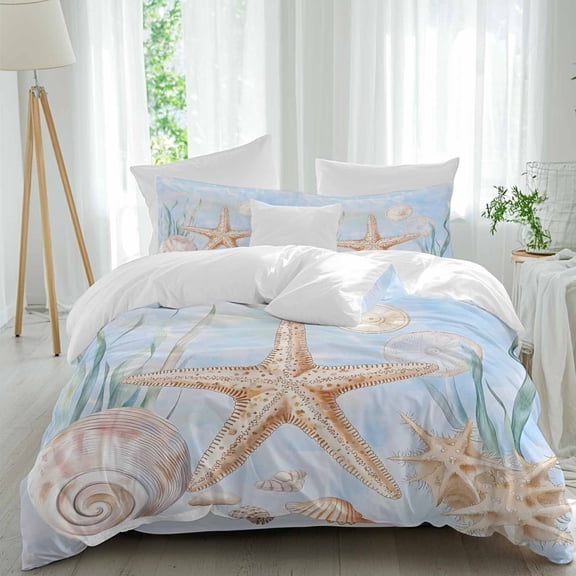 Shell Starfish Queen Size Comforter Set, Seaweed Nautical Watercolor Bedding for All Seasons, 4 Pcs Bed Set, 1Quiltcover (90"x92") ,1Sheet(94"x116"), 2Pillowcases (30"x20")