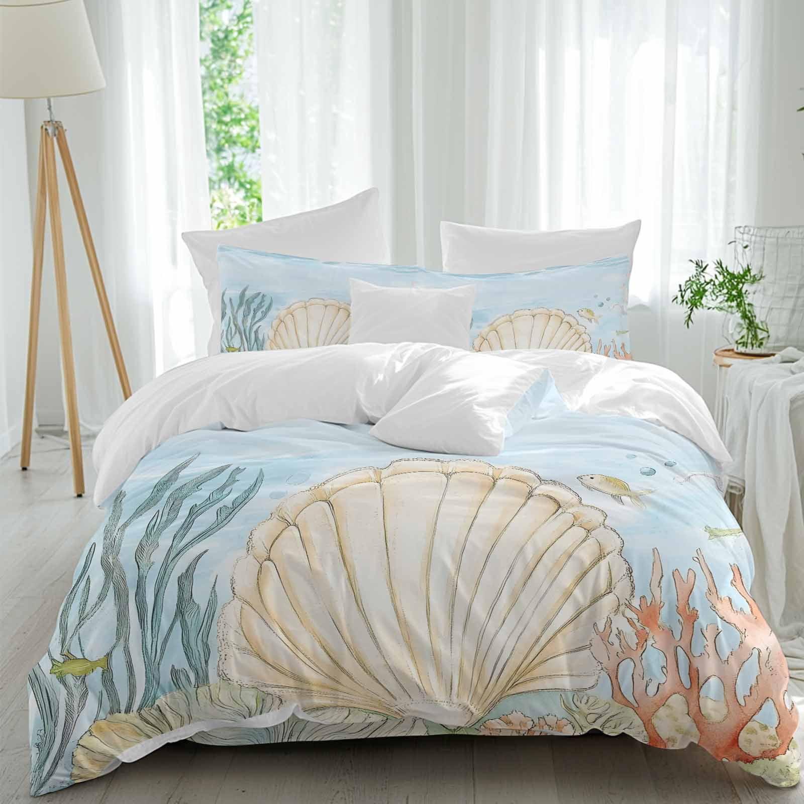 Shell Starfish Queen Size Comforter Set, Watercolor Fish Seaweed ...
