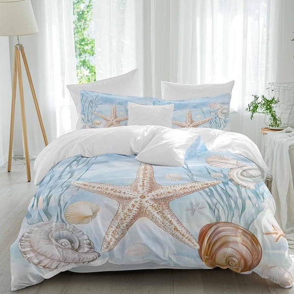 Shell Starfish Queen Size Comforter Set, Watercolor Seaweed Vintage Nautical Bedding for All Seasons, 4 Pcs Bed Set, 1Quiltcover (90"x92") ,1Sheet(94"x116"), 2Pillowcases (30"x20")