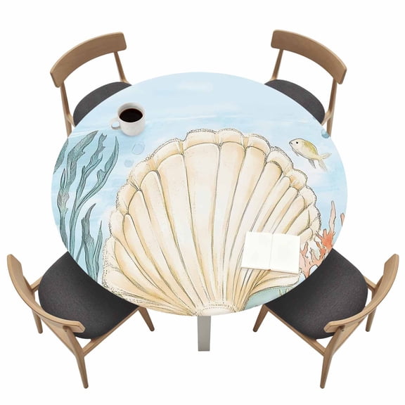 Shell Starfish Round Fitted Tablecloth with Elastic Edge Watercolor Fish Seaweed Table Cover Fit for 36"-44" Tables Waterproof Tablecloths for Dinner Camping Picnic