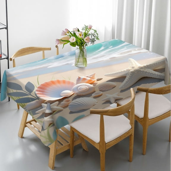 Shell Starfish Tablecloths for dining table, Machine-Made - 2D Flat Printing Rectangular Tablecloth, Cafe, dinner, brunch, buffet, picnic