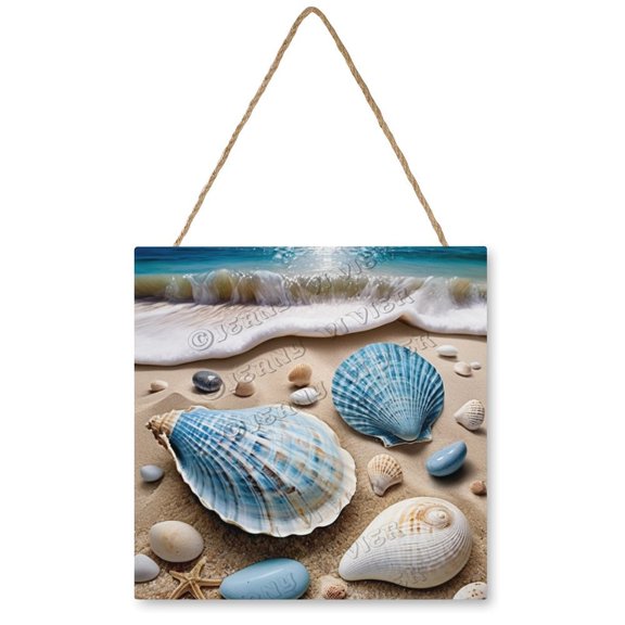 Shell Starfish Wall Art Wooden Sign Beach Decor Summer Decor Vintage Pictures for Bedroom Bathroom Kitchen Wall Decorations Bar Interior Decor 12"x12" Wooden Hanging Signs