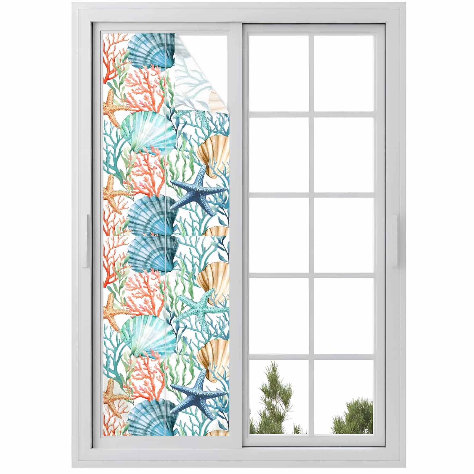 Shell Starfish Window Privacy Film, Summer Green Orange Seaweed Nautical Frosted Glass Window Clings Static Cling UV Heat Blocking Reusable Door Sticker for Bathroom 29.5 x 118 Inch
