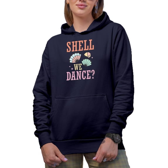 Shell We Dance Pun Quote with Shells, Beach & Dancing Merch Gift, Navy Blue Hooded Sweatshirt or Hoodie, Large