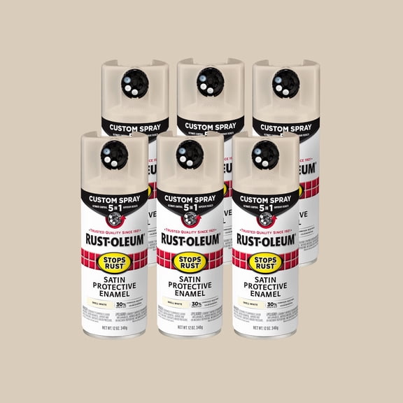 6 Pack, Shell White, Rust-Oleum Stops Rust Custom Spray 5 in 1 Satin Spray Paint-376875, 12 oz