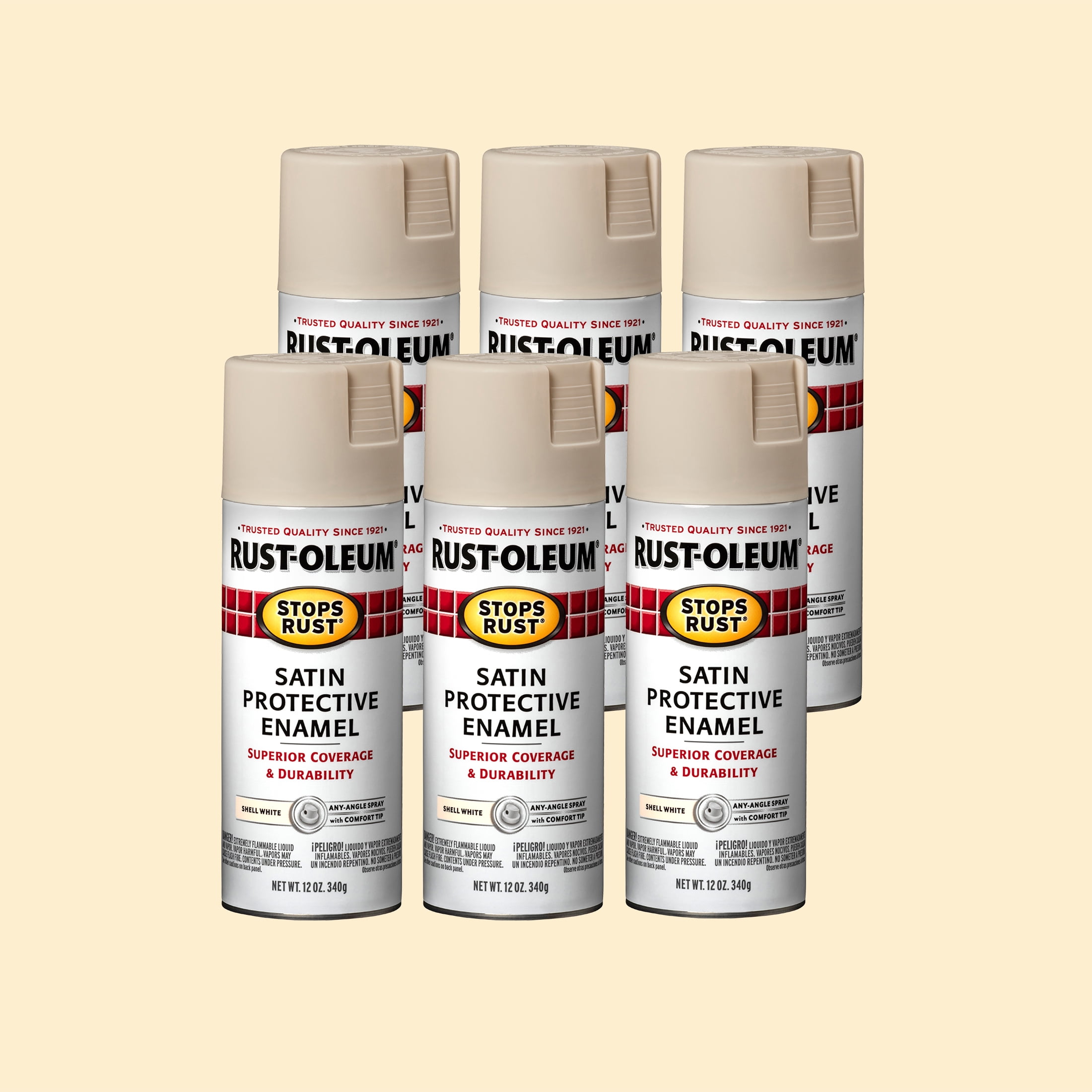 6 Pack, Shell White, Rust-Oleum Stops Rust Satin Protective Enamel Spray Paint-7793830, 12 oz