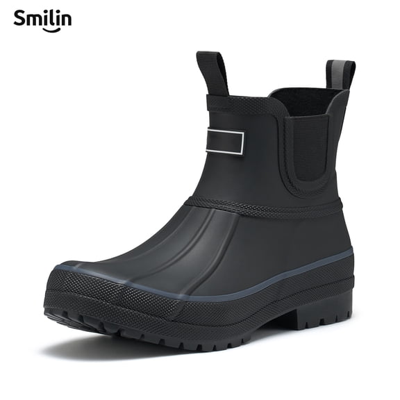 SMILIN Shell Wide Round Toe Rain Boots for Women, Classic Chelsea Women's Rubber Garden Shoes, Black, Size 7