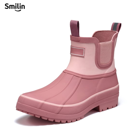 SMILIN Shell Wide Round Toe Rain Boots for Women, Classic Chelsea Women's Rubber Garden Shoes, Red, Size 9