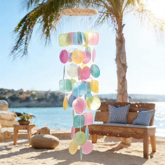 Shell Wind Chimes for Outside Clearance, Tropical Colorful Capiz Shell Wind Chime for Patio,Indoor,Outdoor,Garden,Yard,Coastal,Beach Decor or Gifts for Women,Girl