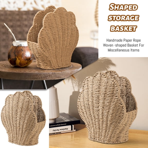 Shell Woven Storage Basket Paper Rope Mail Holder Seashell Napkin Organizer,Handmade Cute Coastal Scallop Shape Letter Caddy for Table Countertop,Rustic Boho Beach House Living Room Decor