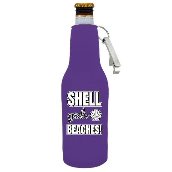 Shell Yeah Beaches Beer Bottle Coolie With Opener (Purple)