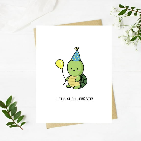 Let's Shell-ebrate Card  Adorable Turtle Birthday Card with Balloon  Blank Inside for Personal Messages  Perfect for Celebrations and Special Occasions