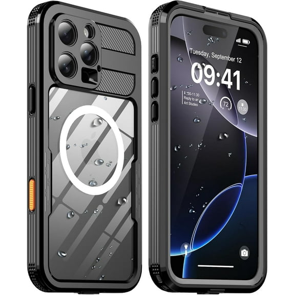 ShellBox Magnetic Waterproof Case For IPhone 16 Pro (6.3") 12FT Military Shockproof Waterproof Built In Screen Protector IP68 Waterproof Full Cover,Black/Clear