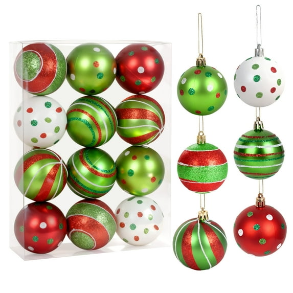 ShellKingdom 12 Pcs Christmas Ornaments Red Green White Shatterproof Christmas Tree Ornaments Traditional Hanging Ball Ornaments for Xmas Party Decor