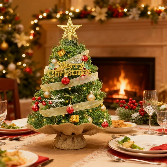 ShellKingdom 2FT Mini Christmas Tree Pre-Lit Tabletop Small Xmas Tree Decorated Hanging Ornaments for DIY Christmas Decoration