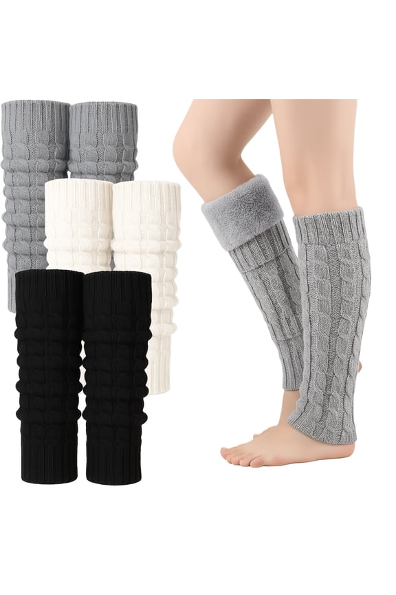 3 Pairs Winter Fleece Lined Leg Warmer for Women Skating Leg Warmer Long Knit Boot Socks for Women Skating