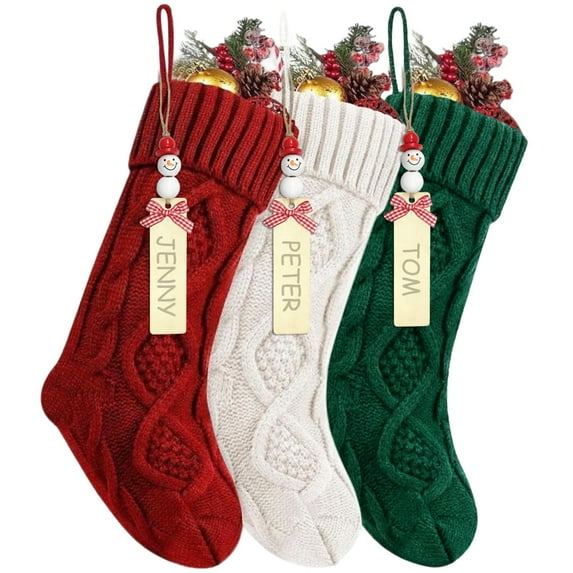 ShellKingdom 3 Pcs Christmas Stockings with DIY Snowman Name Tags, 18 inches Knitted Xmas Hanging Stocking for Mantels Christmas Tree Holiday Party Decoration (Red Green White)