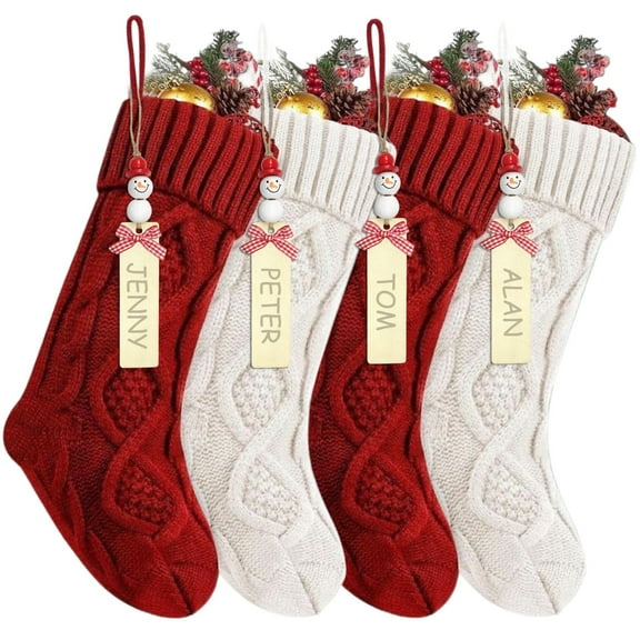 ShellKingdom 4 Pcs Christmas Stockings with DIY Snowman Name Tags, 18 inches Knitted Xmas Hanging Stocking for Mantels Christmas Tree Holiday Party Decoration (Red White)