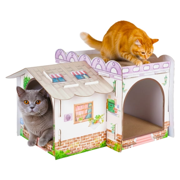 ShellKingdom Cardboard Cat House with 3 Scratchers Multi Level Large Sturdy Country House Themed Cat Villa 20''x16.5''x14.5'' Cute Pet Play House for Small Animals Birthday Party