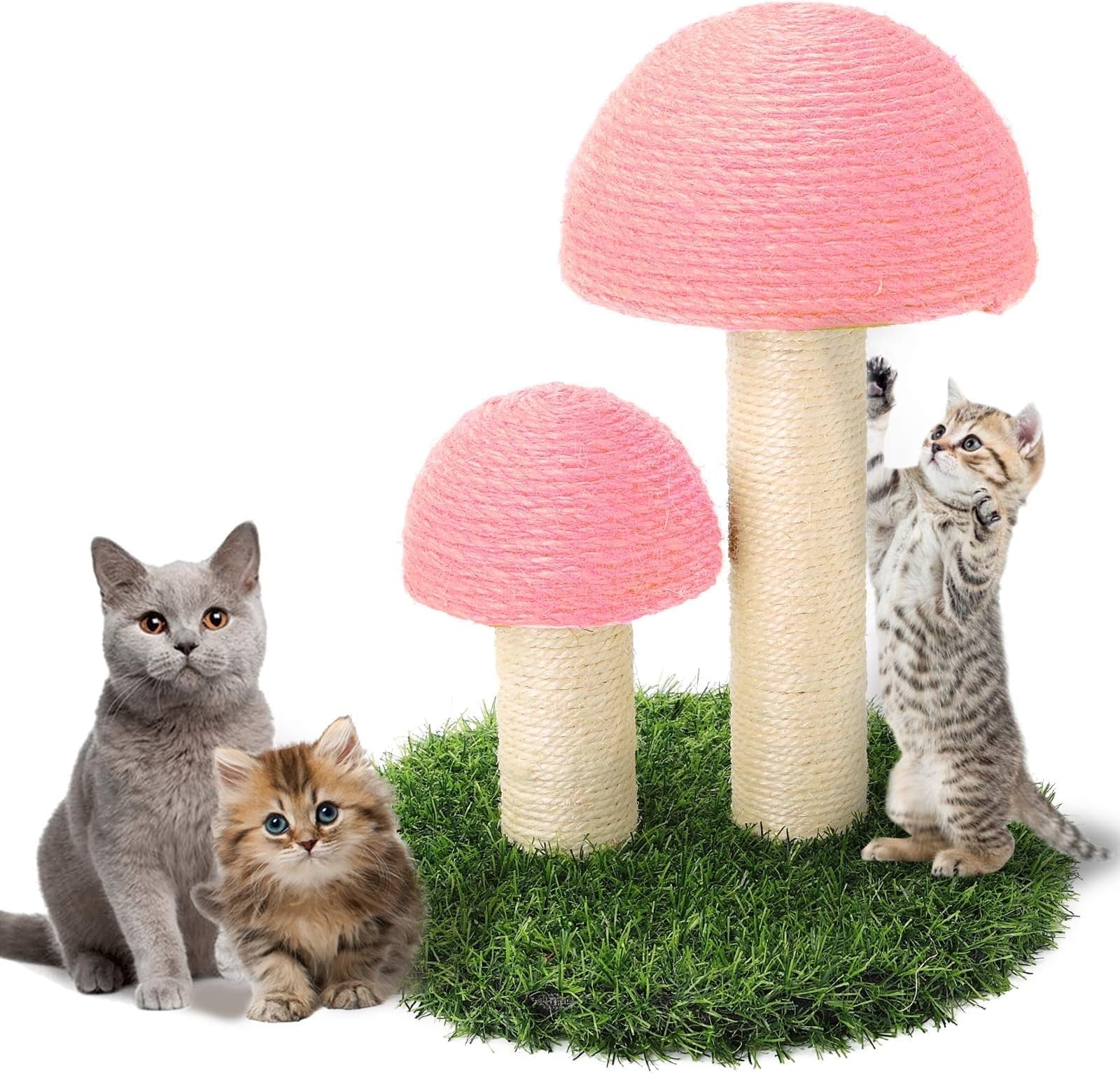 ShellKingdom 16.5'' Cat Scratching Post, Natural Sisal Claw Scratchers for Kittens Small Cats, Mushrooms Cat Interactive Toys, Pink