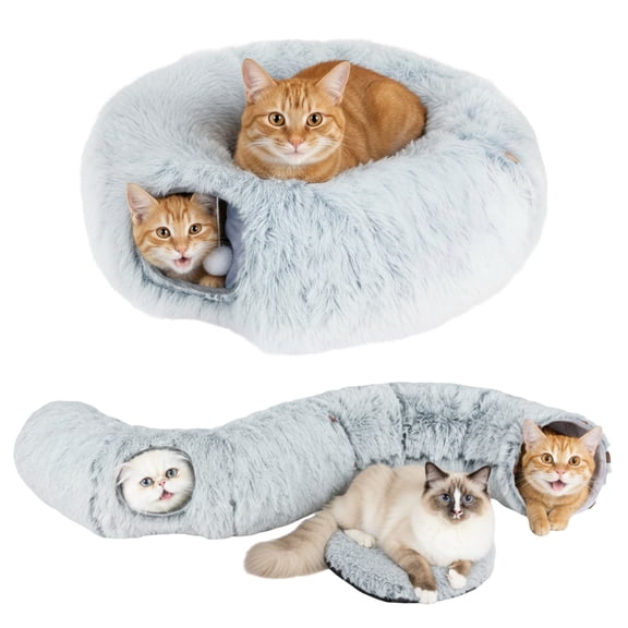ShellKingdom Cat Tunnel Bed for Indoor Cats, Plush Cat Cave Tunnel with Washable Circle Cushion Multifunctional Toys for Kittens, Gray