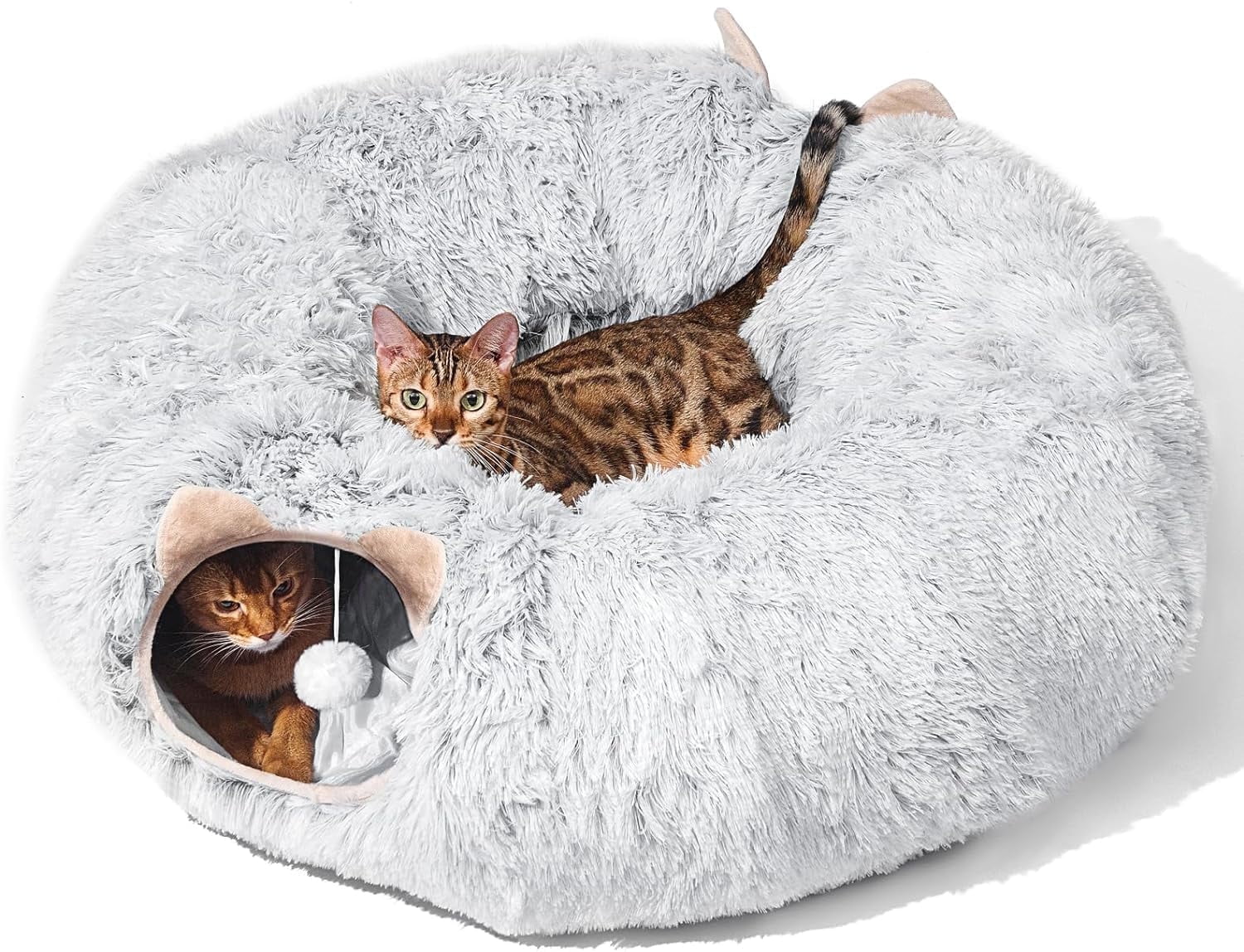 ShellKingdom Cat Tunnel Bed for Indoor Cats Under Christmas Tree Soft Plush Peekaboo Cat Cave Donut Tunnel with Washable Circle Cushion Multifunctional Toys for Kittens Puppy Rabbit Ferret, Grey