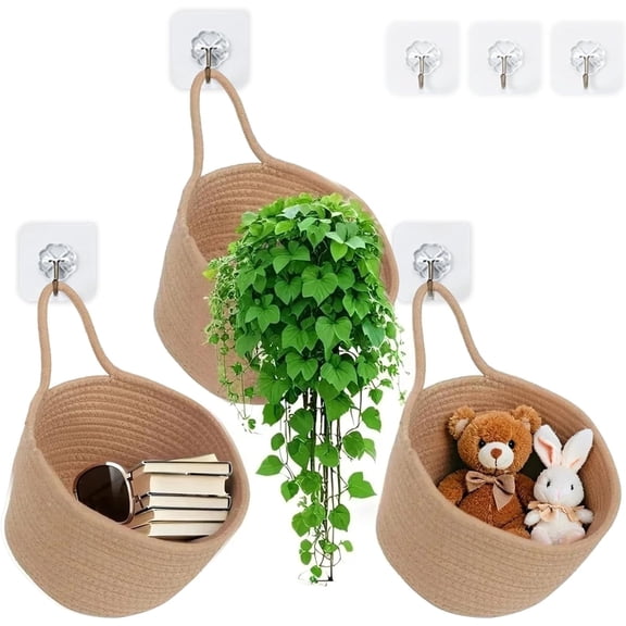 ShellKingdom Hanging Baskets, 3 Pack Woven Wall Mounted Boho Decorative Storage Basket for Organizing with Hooks, Jute