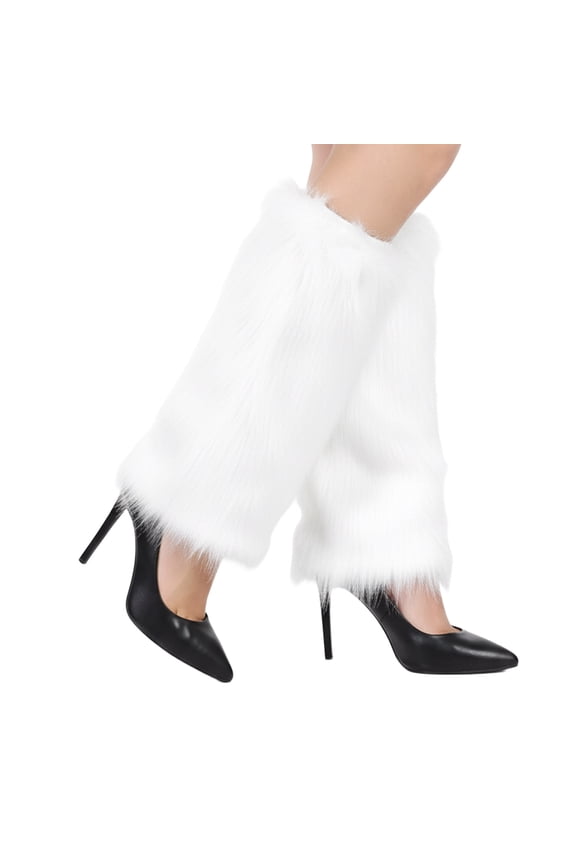 Women's Faux Fur Leg Warmers, Plush Soft Furry Fluffy Winter Long Boot Cuff Wrist Covers Boots Sleeves, White
