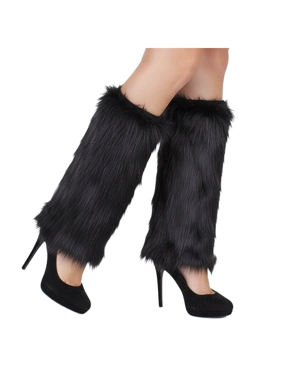Women's Faux Fur Leg Warmers, Plush Soft Furry Fluffy Winter Long Boot Cuff Wrist Covers Boots Sleeves, Black