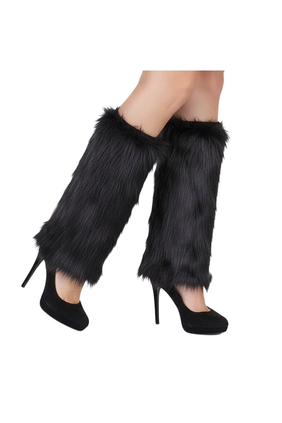 Women's Faux Fur Leg Warmers, Plush Soft Furry Fluffy Winter Long Boot Cuff Wrist Covers Boots Sleeves, Black
