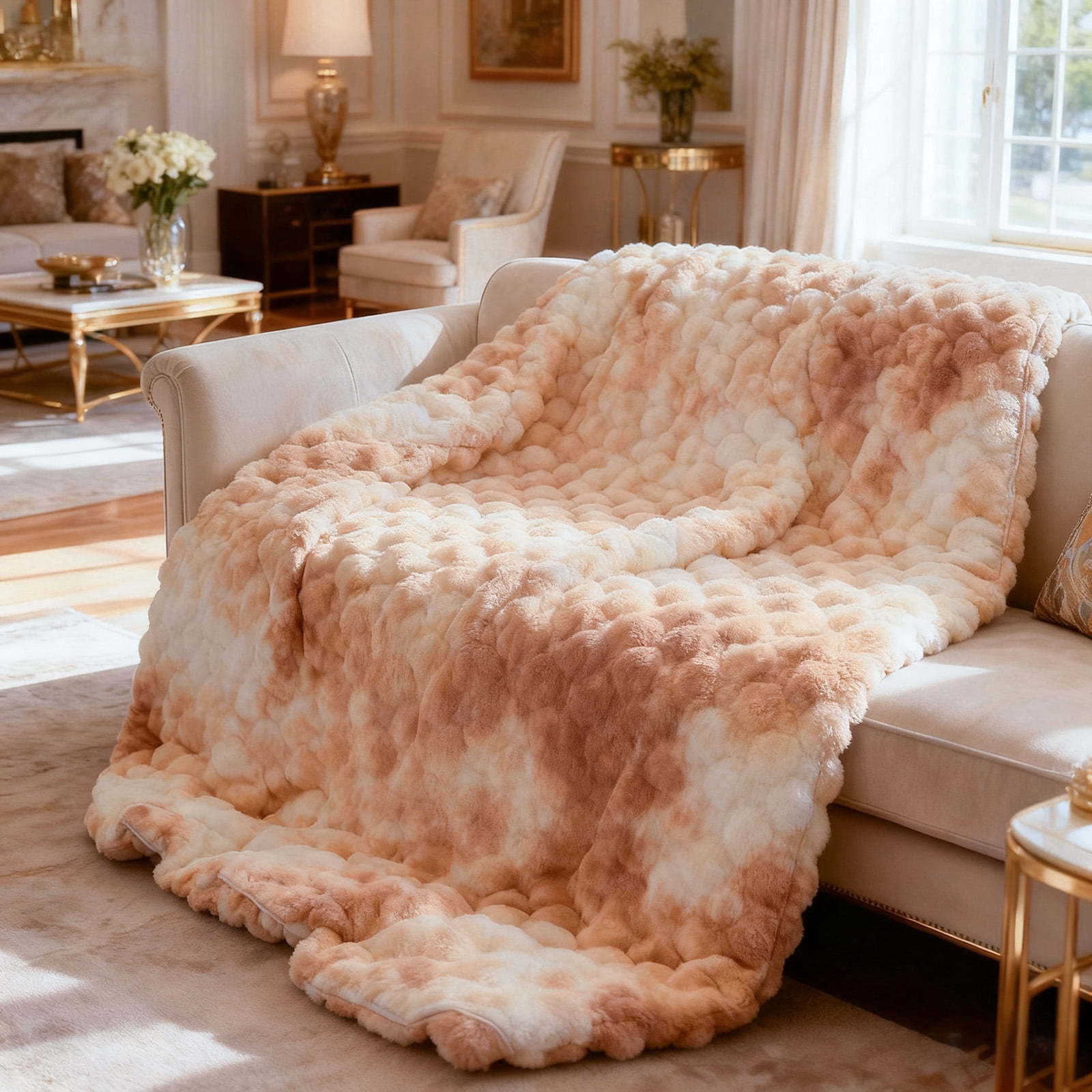 ShellKingdom Faux Fur Throw Blanket, Soft Plush Fluffy Thick Bubble Blanket for Couch Sofa Bedroom Living Room, 50" x 60", Tie Dye Camel
