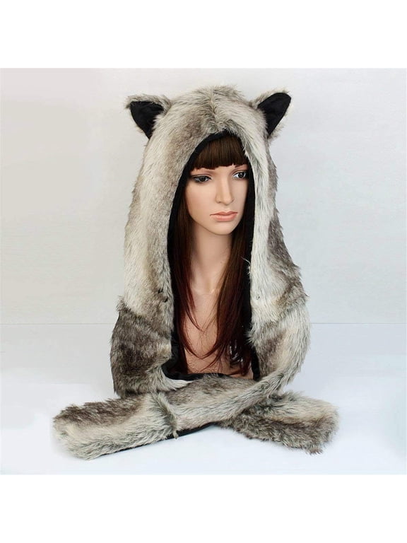 Plush Novelty Animal Hat, 3 in 1 Function Faux Fur Full Animal Hood Hat Winter Warmer Cap